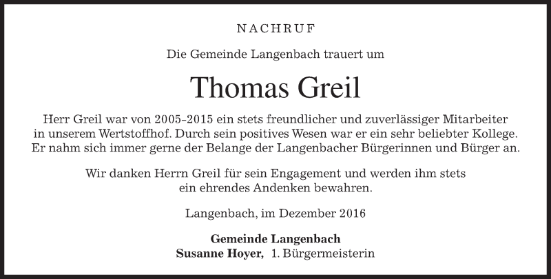  Traueranzeige für Thomas Greil vom 20.12.2016 aus merkurtz