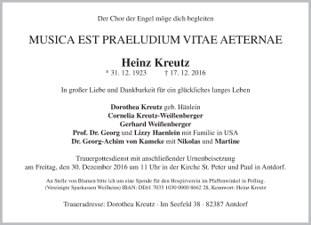 Traueranzeige von Heinz Kreutz von merkurtz