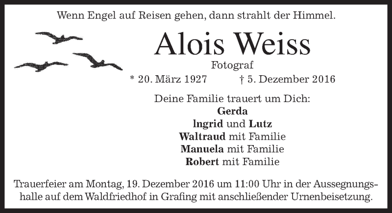  Traueranzeige für Alois Weiss vom 07.12.2016 aus merkurtz