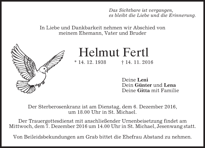  Traueranzeige für Helmut Fertl vom 03.12.2016 aus merkurtz