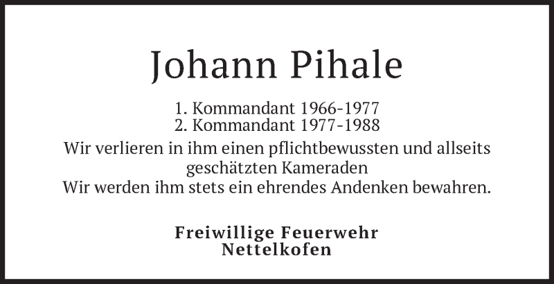  Traueranzeige für Johann Pihale vom 29.12.2016 aus merkurtz