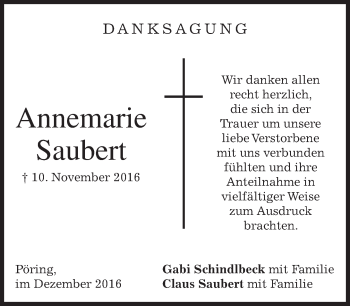 Traueranzeige von Annemarie Saubert von merkurtz