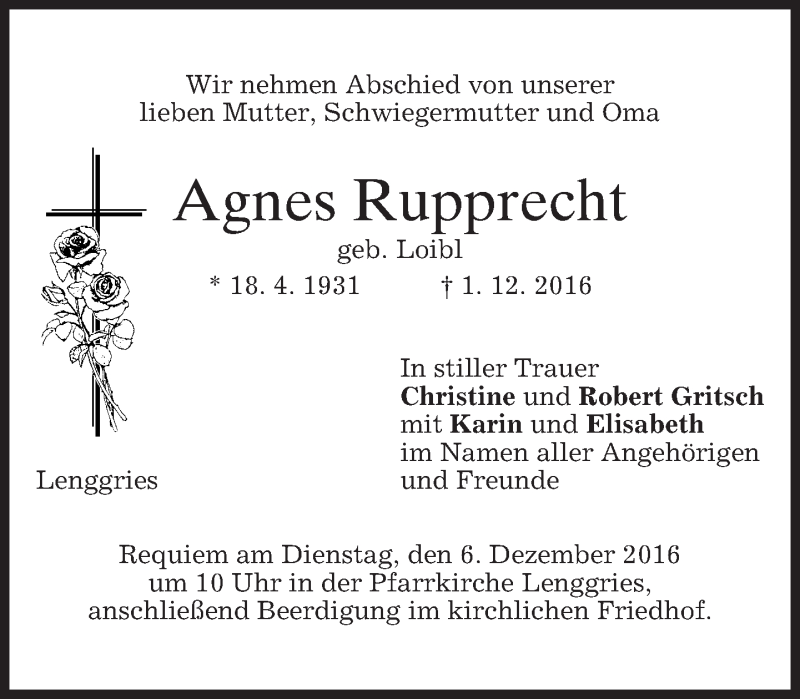  Traueranzeige für Agnes Rupprecht vom 03.12.2016 aus merkurtz