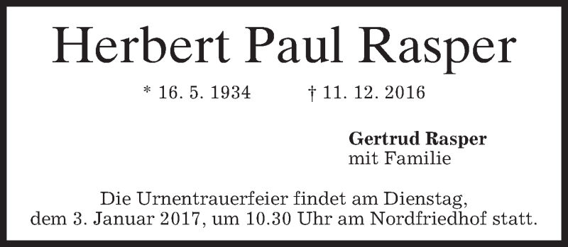  Traueranzeige für Herbert Paul Rasper vom 17.12.2016 aus merkurtz