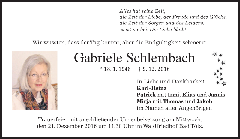  Traueranzeige für Gabriele Schlembach vom 17.12.2016 aus merkurtz