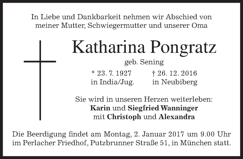  Traueranzeige für Katharina Pongratz vom 31.12.2016 aus merkurtz