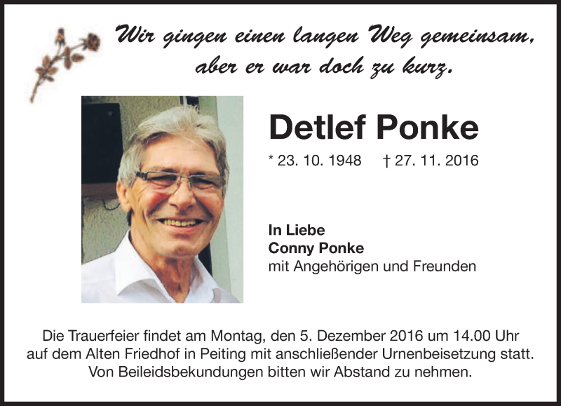  Traueranzeige für Detlef Ponke vom 02.12.2016 aus merkurtz