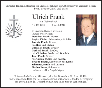 Traueranzeige von Ulrich Frank von merkurtz