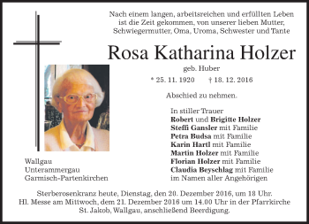 Traueranzeige von Rosa Katharina Holzer von merkurtz
