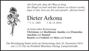 Traueranzeige von Dieter Arkona von merkurtz