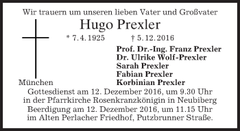 Traueranzeige von Hugo Prexler von merkurtz