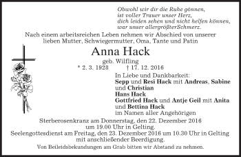 Traueranzeige von Anna Hack von merkurtz