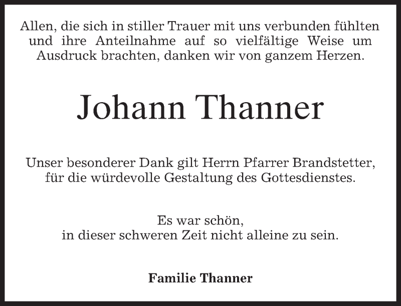  Traueranzeige für Johann Thanner vom 22.12.2016 aus merkurtz