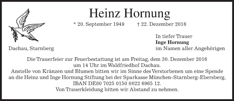  Traueranzeige für Heinz Hornung vom 27.12.2016 aus merkurtz