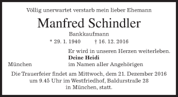 Traueranzeige von Manfred Schindler von merkurtz