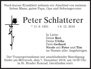 Traueranzeige von Peter Schlatterer von merkurtz
