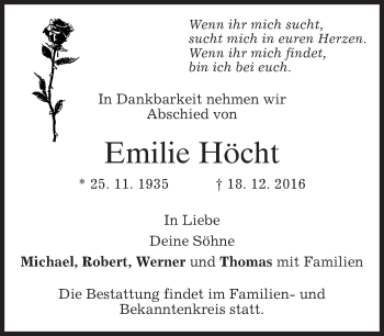 Traueranzeige von Emilie Höcht von merkurtz