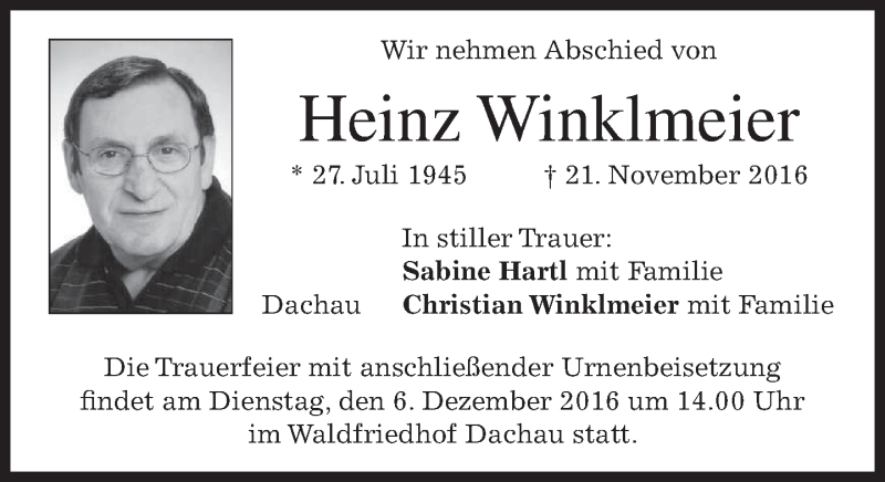  Traueranzeige für Heinz Winklmeier vom 03.12.2016 aus merkurtz