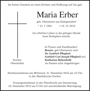 Traueranzeige von Maria Erber von merkurtz