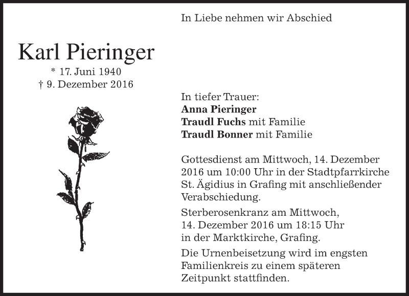  Traueranzeige für Karl Pieringer vom 10.12.2016 aus merkurtz