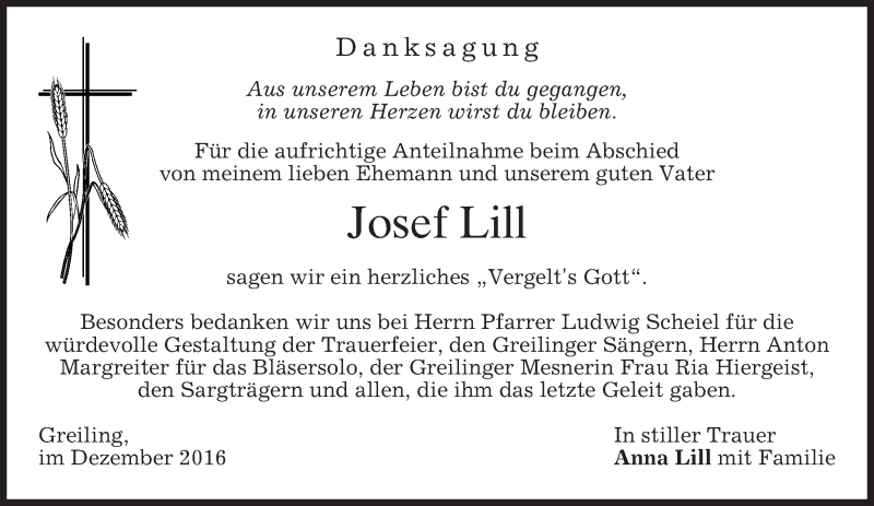  Traueranzeige für Josef Lill vom 31.12.2016 aus merkurtz