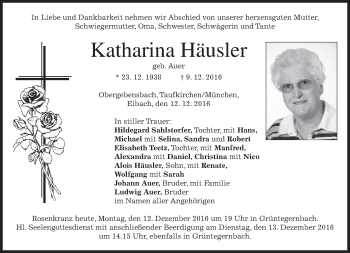 Traueranzeige von Katharina Häusler von merkurtz