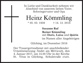 Traueranzeige von Heinz Kömmling von merkurtz