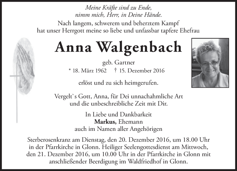  Traueranzeige für Anna Walgenbach vom 19.12.2016 aus merkurtz