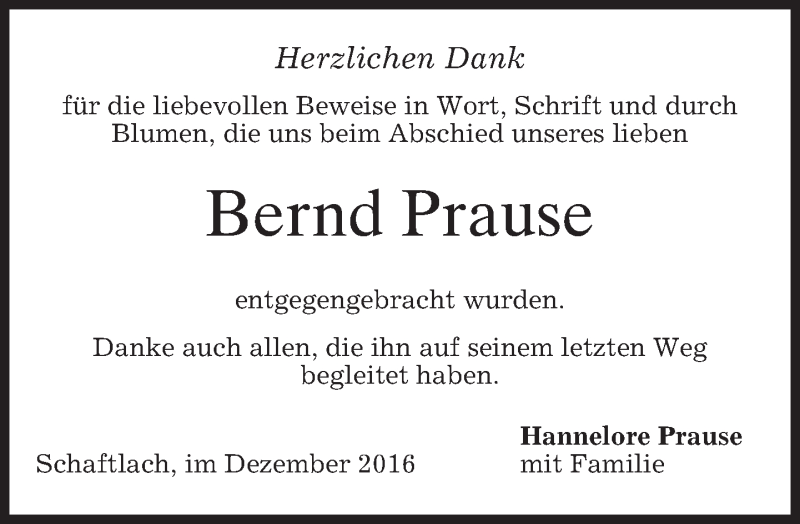  Traueranzeige für Bernd Prause vom 23.12.2016 aus merkurtz