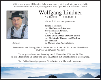 Traueranzeige von Wolfgang Lindner von merkurtz