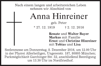 Traueranzeige von Anna Hinreiner von merkurtz