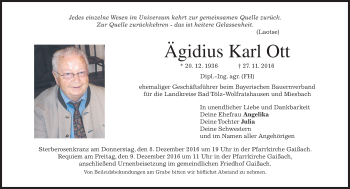 Traueranzeige von Ägidius Karl Ott von merkurtz