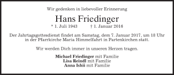 Traueranzeige von Hans Friedinger von merkurtz