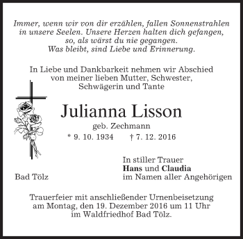 Traueranzeige von Julianna Lisson von merkurtz