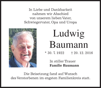 Traueranzeige von Ludwig Baumann von merkurtz