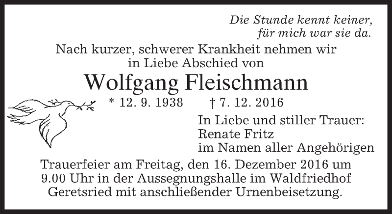  Traueranzeige für Wolfgang Fleischmann vom 10.12.2016 aus merkurtz