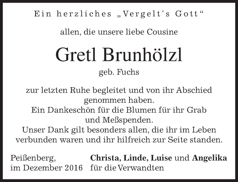  Traueranzeige für Gretl Brunhölzl vom 23.12.2016 aus merkurtz