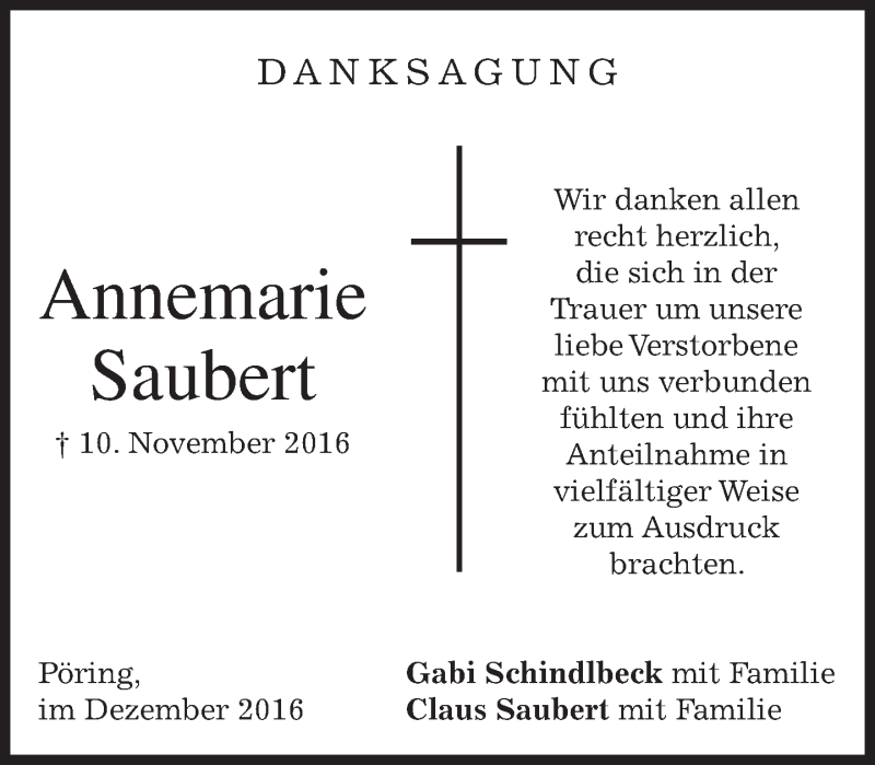  Traueranzeige für Annemarie Saubert vom 14.12.2016 aus merkurtz