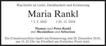 Traueranzeige von Maria Rankl von merkurtz