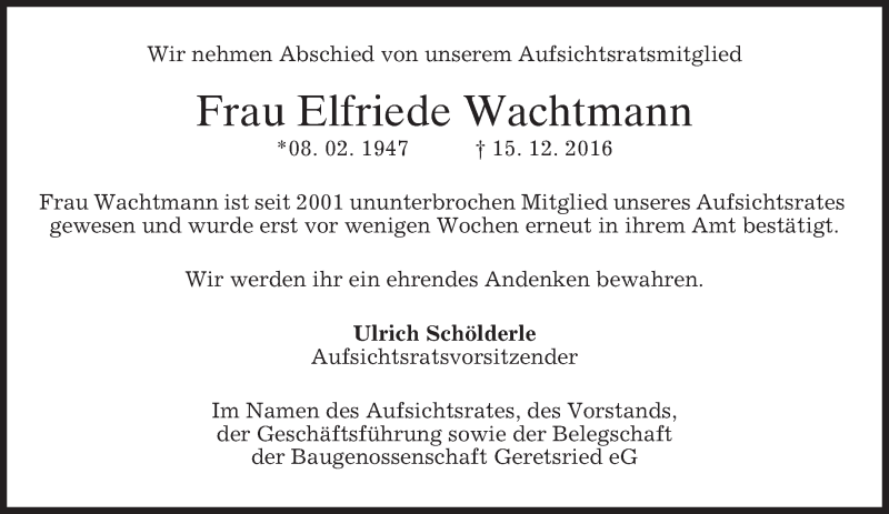  Traueranzeige für Elfriede Wachtmann vom 31.12.2016 aus merkurtz