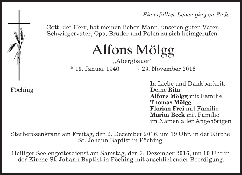  Traueranzeige für Alfons Mölgg vom 01.12.2016 aus merkurtz