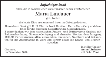 Traueranzeige von Maria Lindauer von merkurtz