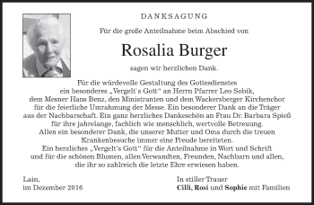 Traueranzeige von Rosalia Burger von merkurtz