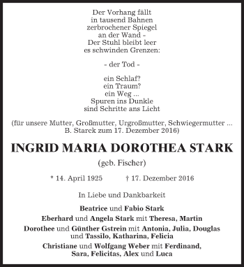 Traueranzeige von Ingrid Maria Stark von merkurtz