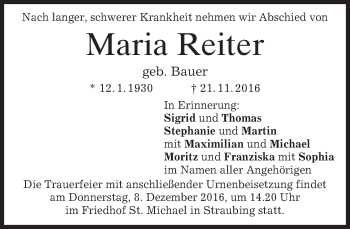 Traueranzeige von Maria Reiter von merkurtz