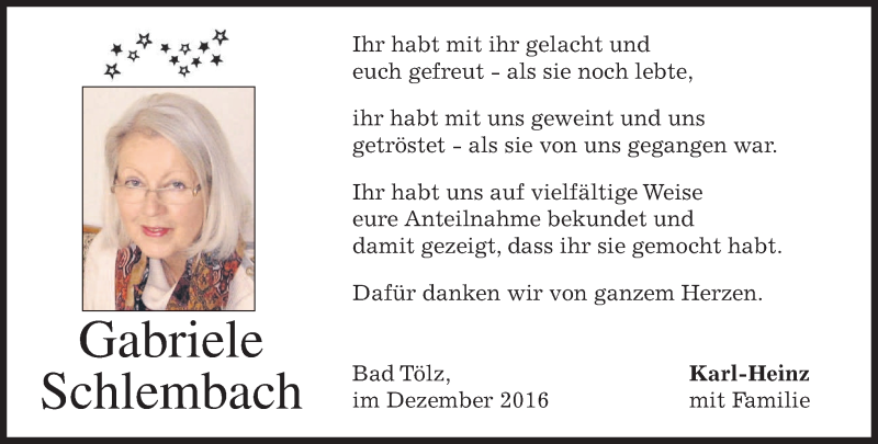  Traueranzeige für Gabriele Schlembach vom 30.12.2016 aus merkurtz