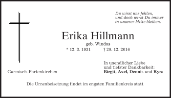Traueranzeige von Erika Hillmann von merkurtz