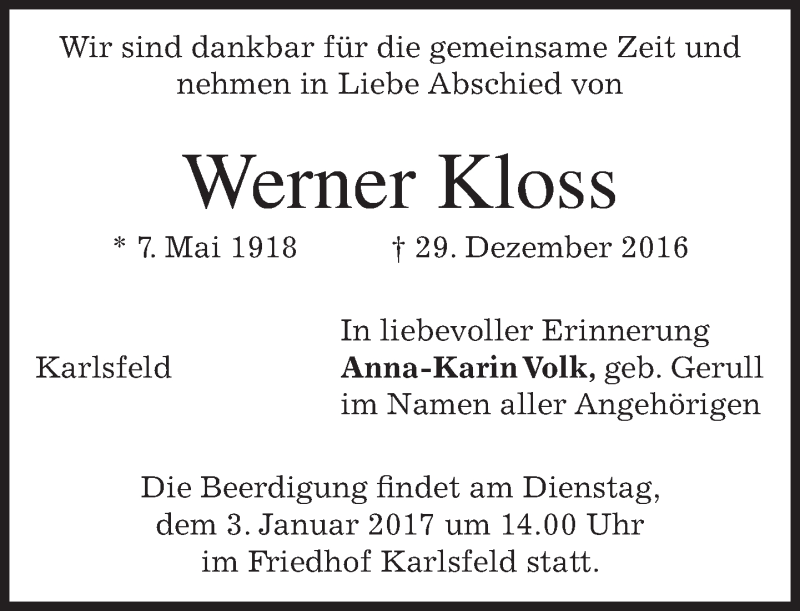  Traueranzeige für Werner Kloss vom 31.12.2016 aus merkurtz