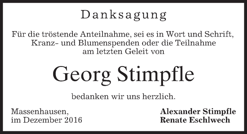  Traueranzeige für Georg Stimpfle vom 10.12.2016 aus merkurtz
