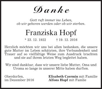 Traueranzeige von Franziska Hopf von merkurtz
